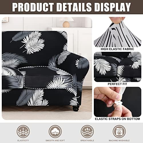SearchI Stretch Sofa Cover Printed Couch Cover, Floral Pattern 4 Pieces Sofa Slipcover with 3 Separate Cushion Cover, Washable Furniture Protector for Living Room(Sofa, Black+Palm Leaves)