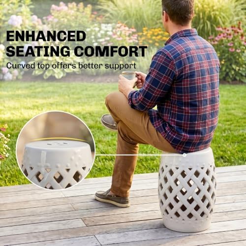 Outsunny 12.5" x 18" Ceramic Garden Stool Outdoor Stool Woven Lattice White