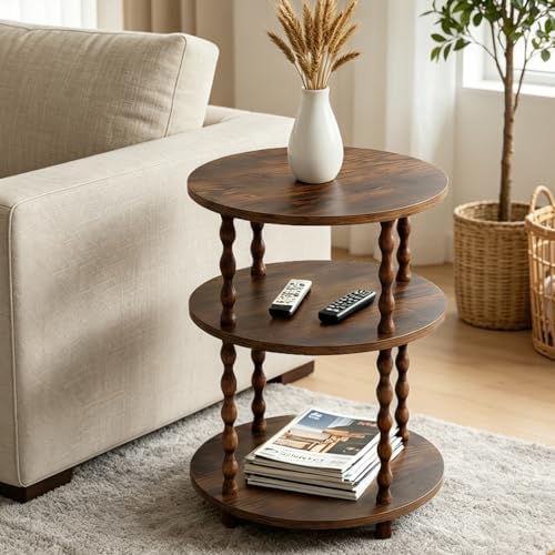 Round Side Table, 3-Tier End Table with Storage, Rustic Brown