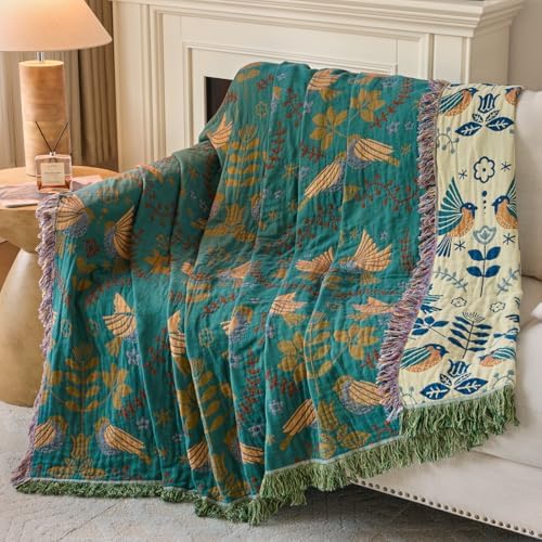 Boho Throw Blanket, 100% Soft Cotton Floral Quilt, King 90"x 98"