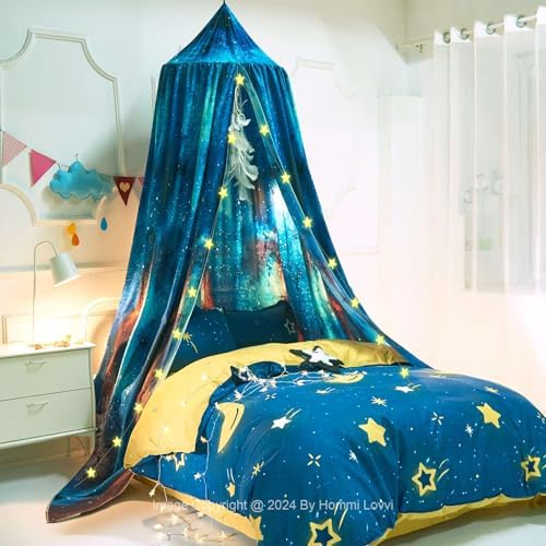 Hommi Lovvi Galaxy Print Kids Bed Canopy, Girls Princess Canopy Dreamy Room Decor, Soft Hanging Reading Nook Play Tent Canopy, Extra Large Full Size Bed Canopy with String Light