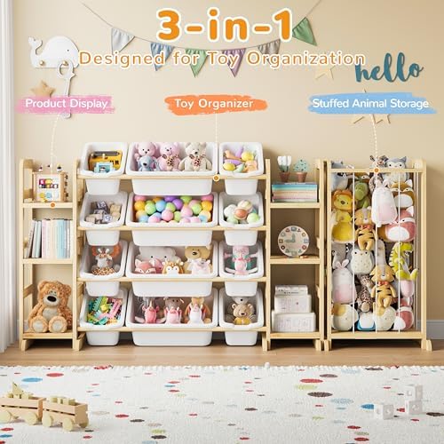 Toy Storage Organizer 12 Bins, 6 Shelves and Stuffed Animal Storage Tower, 3-in-1 Toy Organizers and Storage, Kids Storage Organizer for Playroom, Bedroom, Nursery (Wood-Plushies Storage)