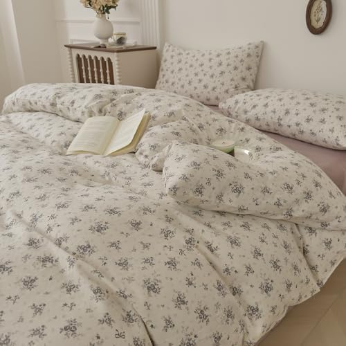 Floral Duvet Cover Queen Cotton Double Gauze Comforter Cover Queen Size Aesthetic Boho Cottagecore Vintage Duvet Cover Set with Zipper Country Soft Bedding Set for Girls Duvet Protector