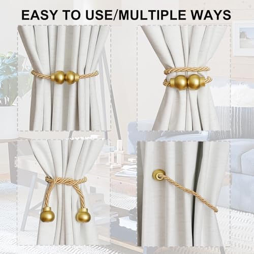 2 Pack Magnetic Curtain Tiebacks Modern Handmade Rope Curtain Tie Backs Decorative Drapes Weave Holdbacks for Home Outdoor Bedroom Office Decorative Curtain, Gold