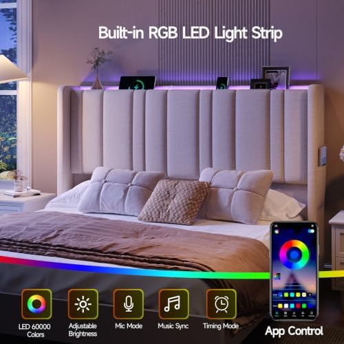 ONBRILL Full Size Headboard with Storage, LED Light, Off White