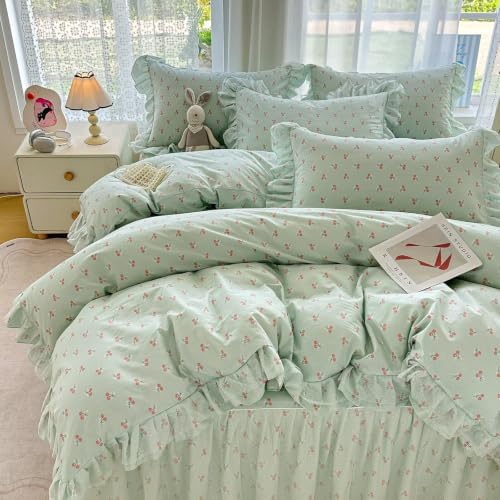 Green Cherry Duvet Cover Full Size with 2 Pillowcases,Cute Bedding