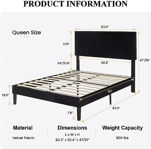 SHA CERLIN Queen Upholstered Platform Bed Frame with Adjustable Headboard/Vertical Channel Tufted Velvet Fabric/Wooden Slats Support/Mattress Foundation/Box Spring Optional/Black