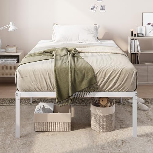 Allewie Twin XL Bed Frame, 18 Inch Metal Beds with Storage Space, White