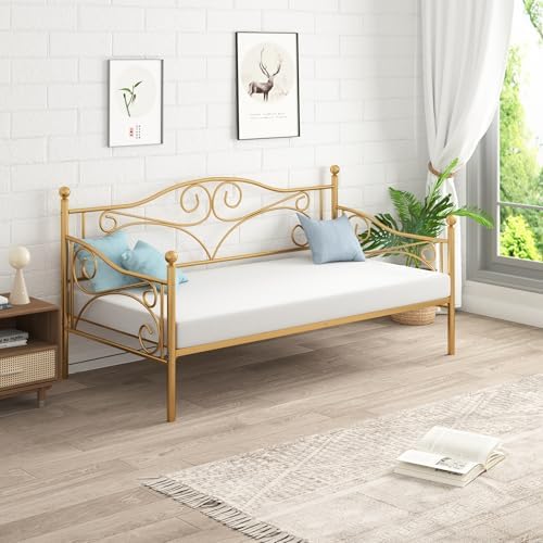 VECELO Twin Size Daybed Frame Metal Sofa Bed Mattress Foundation with Headboard, Heavy-Duty Steel Slat Support for Bedroom Living/Guest Room, Easy Assembly, Gold