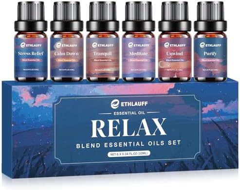 Relax Eessential Oils Set, Diffuser Oil for Home, Humidifiers, Candle Making, Aromatherapy - Stress Relief, Calm Down, Tranquil, Meditate, Unwind, Purify, 6x10ml