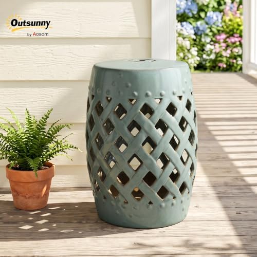 Outsunny 12.5" x 18" Ceramic Garden Stool Woven Lattice Design Antique Blue