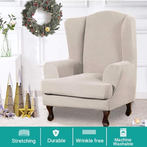 Turquoize Wingback Chair Covers 2 Piece Wing Chair Slipcover Stretch Slipcovers for Wingback Chairs Wing Chair Cover Spandex Jacquard Fabric with Elastic Bottom Non-Slip Furniture Cover, Island Fossi