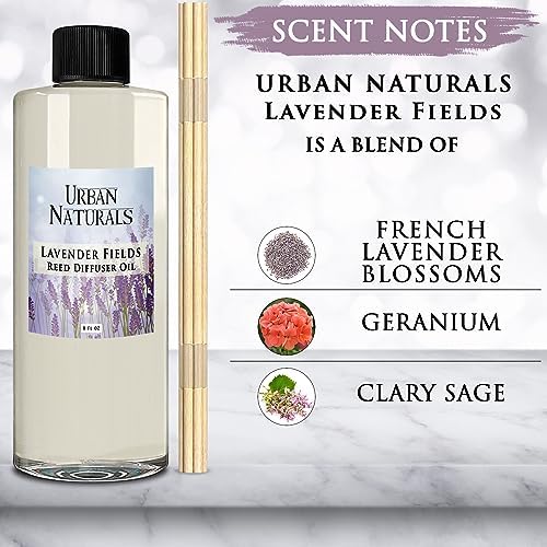 Urban Naturals Reed Diffuser Oil Refill Lavender Fields with Geranium, Clary Sage, Soft Florals 8 oz + Free Reed Sticks, Made in the USA
