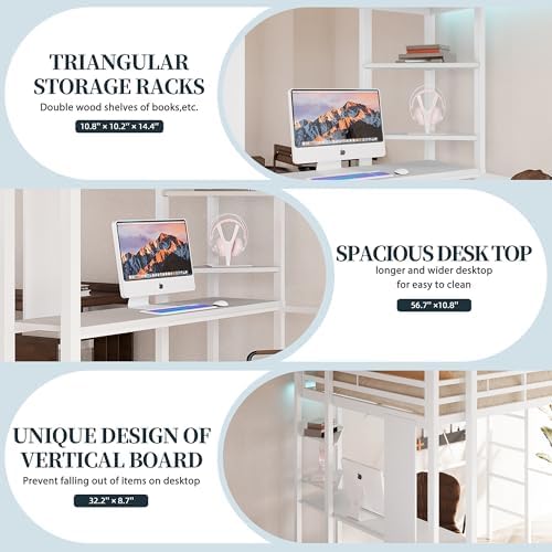 Loft Bed with Desk, Metal Loft Bed Full Size with 2 Built-in Ladders, with Safety Guard,Space-Saving Bed Frame, Noise Free, Creamy White (Full Size)