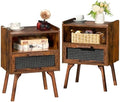 Lerliuo Rattan Nightstands Set of 2, Boho Side Table with Drawer Open Shelf