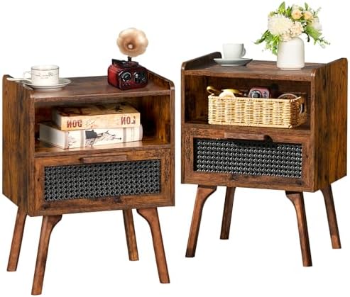Lerliuo Rattan Nightstands Set of 2, Boho Side Table with Drawer Open Shelf