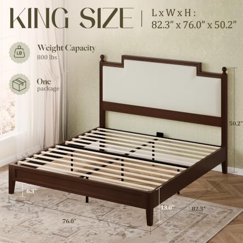 King Size Bed Frame with 50.2" Tall Upholstered Headboard, Walnut