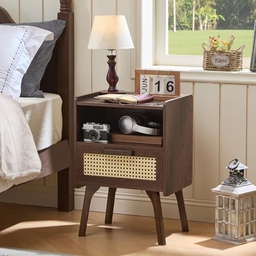 Lerliuo Rattan Nightstands Set of 2, Bedside Table with Drawer Open Shelf