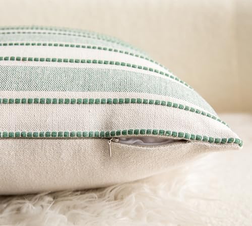 Cethom Decorative Boho Lumbar Throw Pillow Covers, Farmhouse Textured Pillow Case, 12 x 20 Inch Set of 2, Chair Sofa Bedroom Living Room Home Decor Couch Cushion Case, Green and Beige