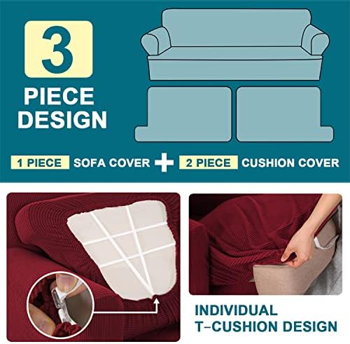 Turquoize 3 Piece T Cushion Loveseat Slipcovers Sofa Cover for 2 Cushion Couch Cover Washable Sofa Slipcover Furniture Covers with 2 Individual T Cushion Seat Covers (2 Cushion Loveseat,Burgundy)