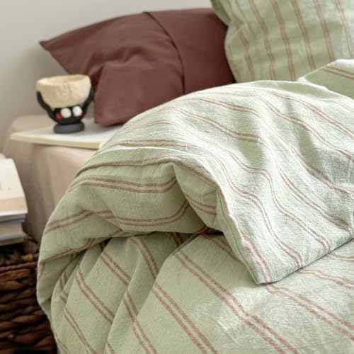 AOJIM Green & Russet‑Red Striped Duvet Cover Twin XL 3Pcs Vintage Bedding