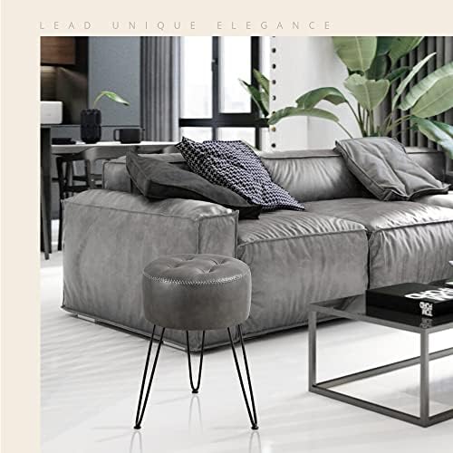LUE BONA Faux Leather Vanity Stool Chair for Makeup Room, Grey Stool for Vanity, 19” Height, Tufted Small Vanity Chair with Metal Legs, for Bedroom, Living Room