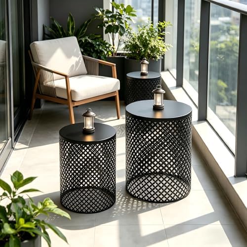 Set of 2 Outdoor Side Table, Garden Stool for Patio, Metal Accent Table Modern End Table, Patio Side Table for Garden, Balcony, Bedroom Indoor Outdoor Decorative, Jet Black