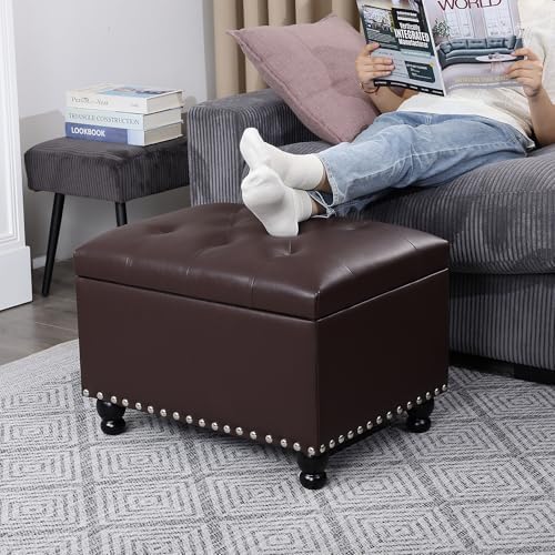 Adeco Faux Leather Storage Ottoman Bench with Safety Hinge, 23-Inch Upholstered Footrest Stool for Entryway & Living Room, Holds 350 lbs, Black