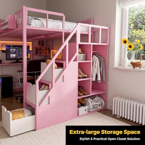 Full Loft Bed with Desk, Stair, Headboard and Storage (Pink)