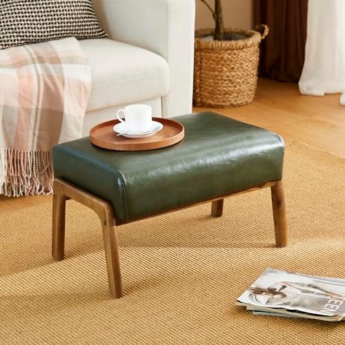 Glitzhome Foot Stool Ottoman, Modern Leatherette Sofa Stool Vanity Chair with Rubber Wood Frame, Footrest Ottoman Bench for Living Room, Entryway, Hunter Green