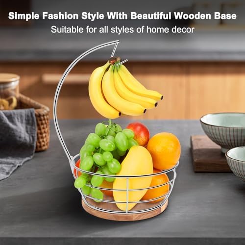 Livabber Countertop Fruit Basket Bowl with Banana Hanger, Modern Standing Fruit Vegetable Bowl Storage, with Banana Tree Holder for Kitchen Dinning Table (Round Wood, Chrome)