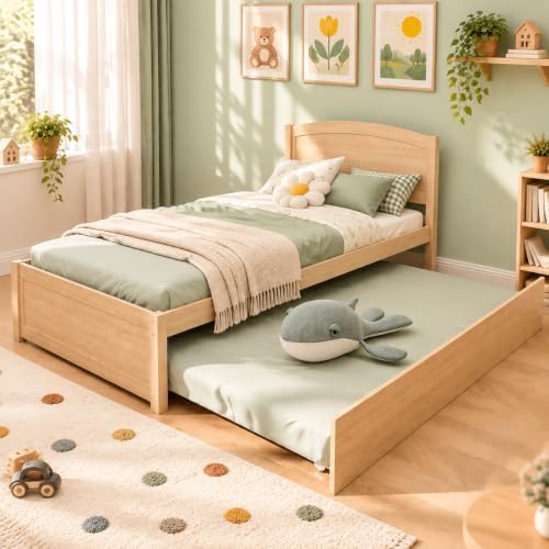 Twin Trundle Bed, Solid Wooden Pull Out Bed Frame, Extendable Day Bed with Headboard and Soild Wood Slats Support, Bedroom, Living Room, Guest Room, No Box Spring Needed (Natural)