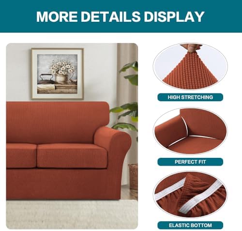 Turquoize 4 Piece Sofa Covers for 3 Cushion Couch Sofa Slipcover Soft Couch Cover for Dogs-Washable Sofa Furniture Covers with 3 Individual Cushion Covers (3 Cushion Sofa, Rust)