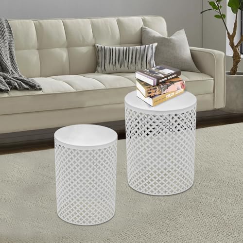 Set of 2 Outdoor Side Table, Garden Stool for Patio, Metal Accent Table Modern End Table, Patio Side Table for Garden, Balcony, Bedroom Indoor Outdoor Decorative, Cream White