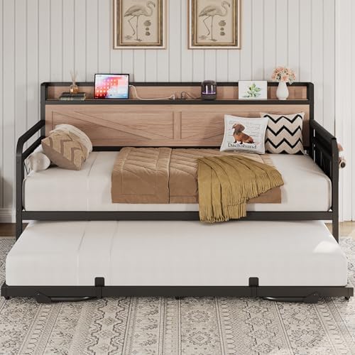 LIKIMIO Twin Daybed with Pop Up Trundle & Charging Station & Storage Shelf