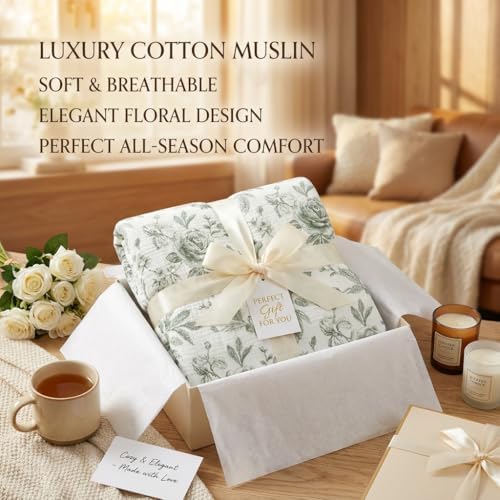 Muslin Blankets for Adults Reversible Throw Fleece & Gauze, Soft Cozy Lightweight Breathable Green Floral Blanket for Bed Couch, Double Layer Muslin Throw Cover 50"x70"