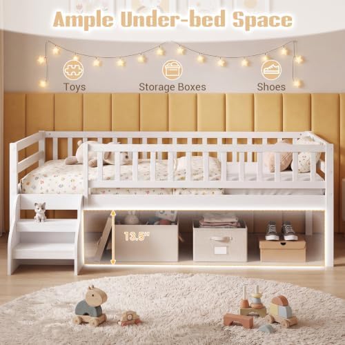Giantex Kids Low Loft Bed Twin Size with Stairs & Safety Guardrails, White