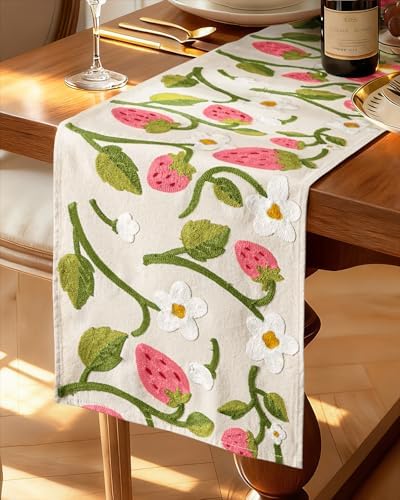 Canvas Embroidered Narrow 13"x 108" Table Runner, Pink Strawberry