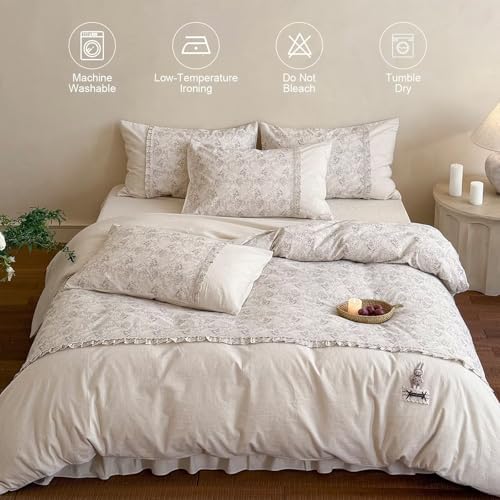 Queen Size Cotton Linen Duvet Cover 90"×90",Cute Bedding Set 3 Pcs