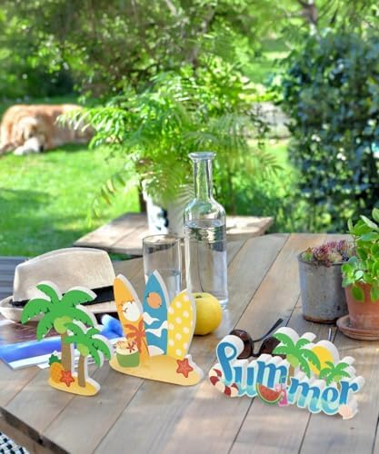 Putuo Decor Summer Tabletop Decor Set, Tropical Beach Standee Signs with Surfboards Palm Trees “Summer” Word Art, Cute Coastal Centerpiece for Tiered Tray Coffee Bar Party Table, Home Office Classroom