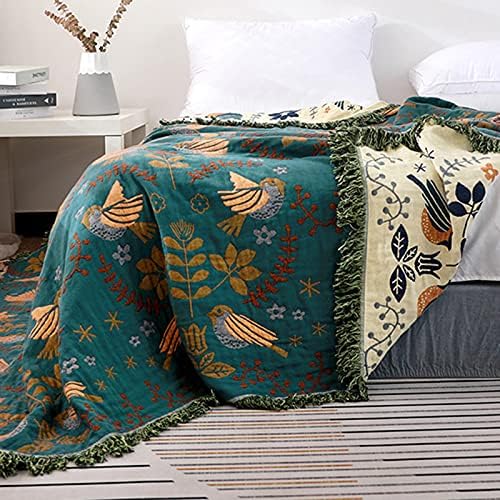 Bird Pattern Boho Throw Blanket for Bed Decor 90"×108" Teal/Cream