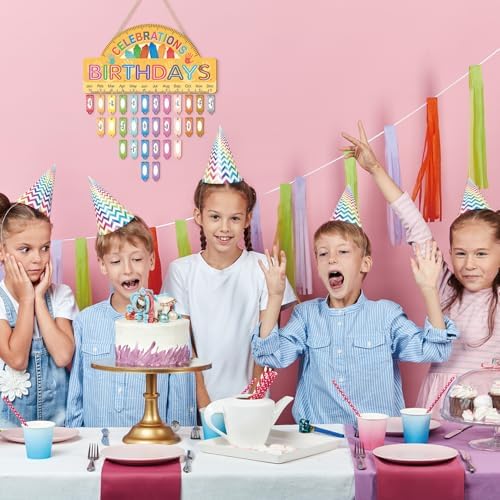 LHIUEM Crayon Birthday Bulletin Board Decorations Celebrate Birthday Chart Wood Flip Calendar(8”X16”) Happy Birthday Calendar Wall Hanging Classroom Pastel With 108pcs Pencils Names Tags for Primary