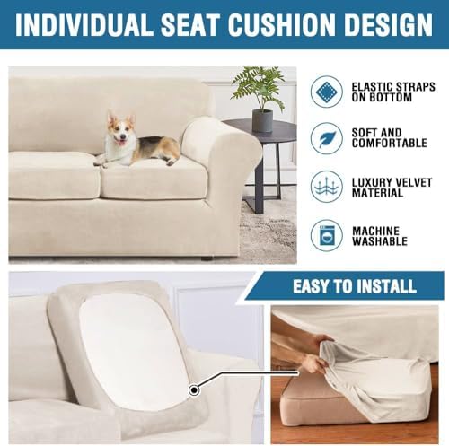 H.VERSAILTEX Modern Velvet Plush 4 Piece High Stretch Sofa Slipcover Furniture Protector Form Fit Velvet Extra Large Sofa Cover for 3 Cushion Couch Width Up to 105 Inch (XL Sofa, Butter Cream)