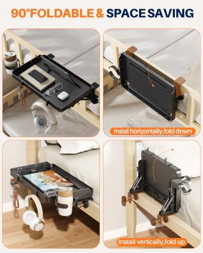 Foldable Bedside Shelf for Dorm Room Bunk Bed, Clip On Bed Tray