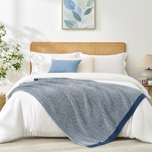 Snuggle Sac Herringbone Throw Blanket for Couch, Reversible Super Soft Warm Chervon Blankets, Cozy Knit Fuzzy Plush Lightweight Stripe Throws for Sofa, Bed, Camping, Navy, 50x60 inches