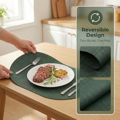 Faux Leather Oval Placemats Set of 8, Green
