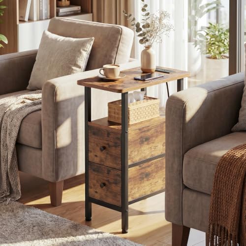 LOAKEKEL Narrow End Table with Charging Station, Small Nightstand
