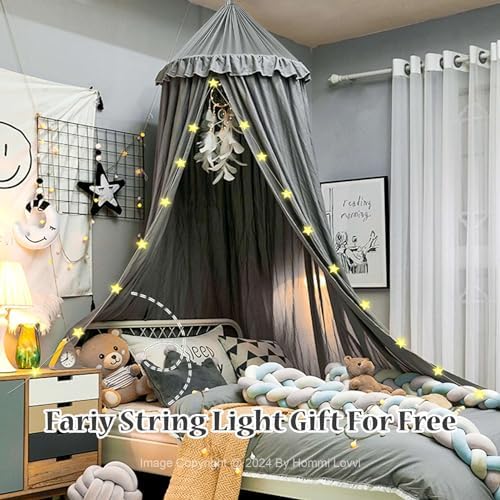 Hommi Lovvi Bed Canopy for Girls, Dreamy Frills Ceiling Hanging Princess Canopy Bedroom Decoration Soft Canopy Net Reading Nook, Extra Large Full Queen Size Bed Canopies - Grey