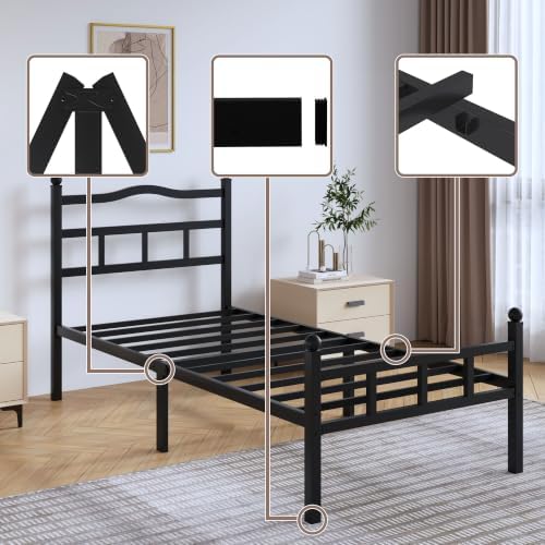 Metal Bed Frame with Headboard & Footboard - 14 Inch Twin XL Size Heavy Duty Bedframe Black Basic Steel Slats Platform No Box Spring Needed/Easy Assembly/Noise Free