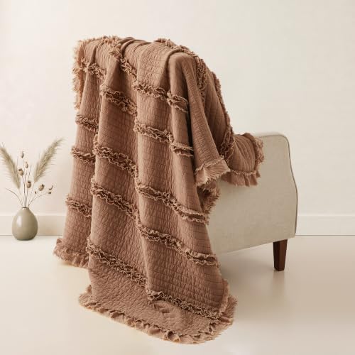 Ultra Soft Pre-Washed Quilted Boho Twin Size Blankets for Bed, Orange Brown Ruffle Fringed Decorative Throw, Stone Washed Chic Rustic Blanket for Sofa Couch Bed, 60"*80"